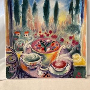Vibrant Landscape Painted plate with Abstract Elements